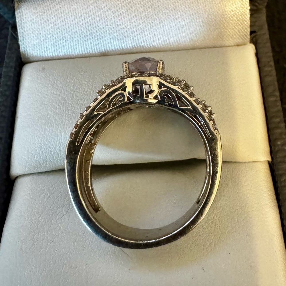 Oval Kunzite and Round White Zircon Rhodium over Sterling Silver. Size 7. - Picture 4 of 4